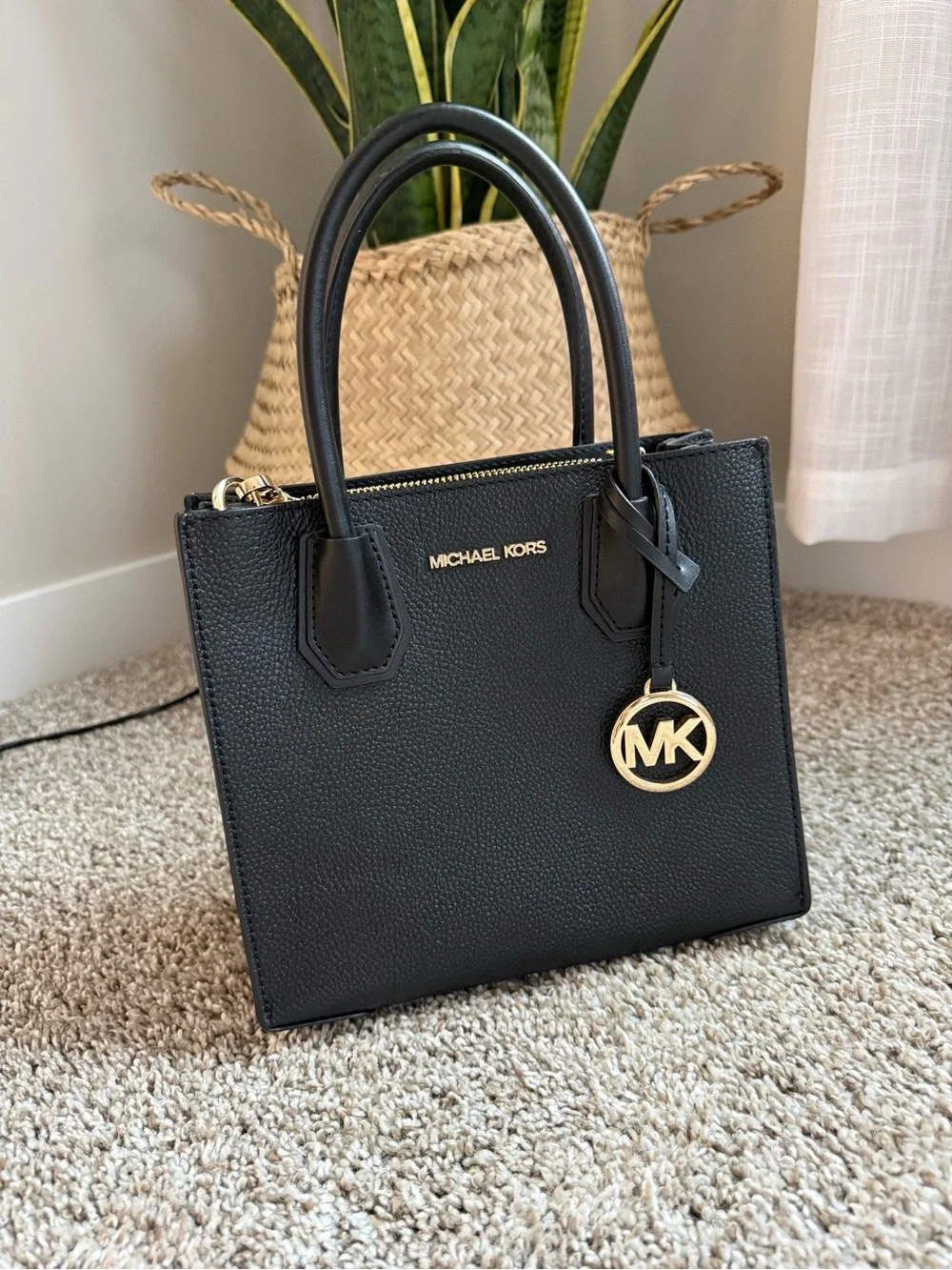Michael Kors Black Pebbled Satchel with Gold MK Charm